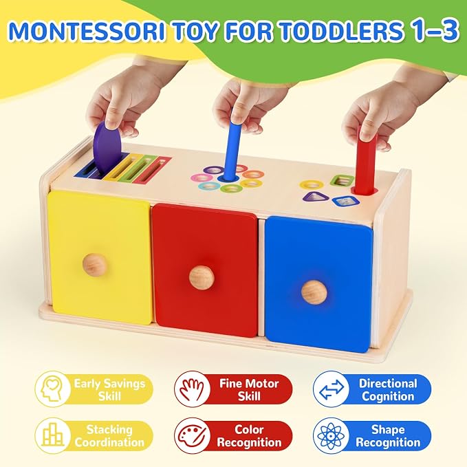 Wooden Montessori Toys for 1+ Year Old, Fine Motor Skills Sensory Preschool Learning Educational Toys, 3 in 1 Color Sorting Drawer Box Toddler Gifts for Boys & Girls 12-36 Months