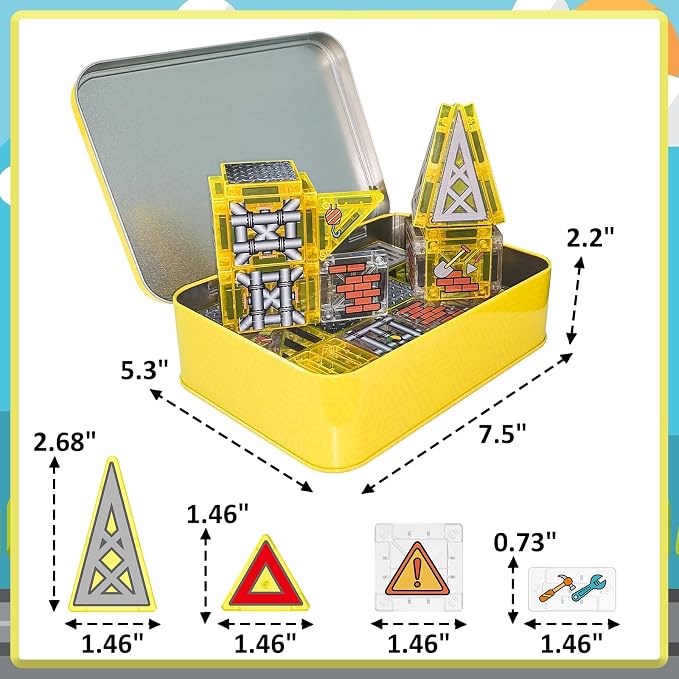 Mini Magnetic Tiles, Engineering Magnetic Blocks Travel Set for Kids 100PC | Magnetic Tiles with Storage Box, Engineering Theme Toys for Boy 3+, STEM Portable Travel Toy for Airplane Plane Car Road Trip