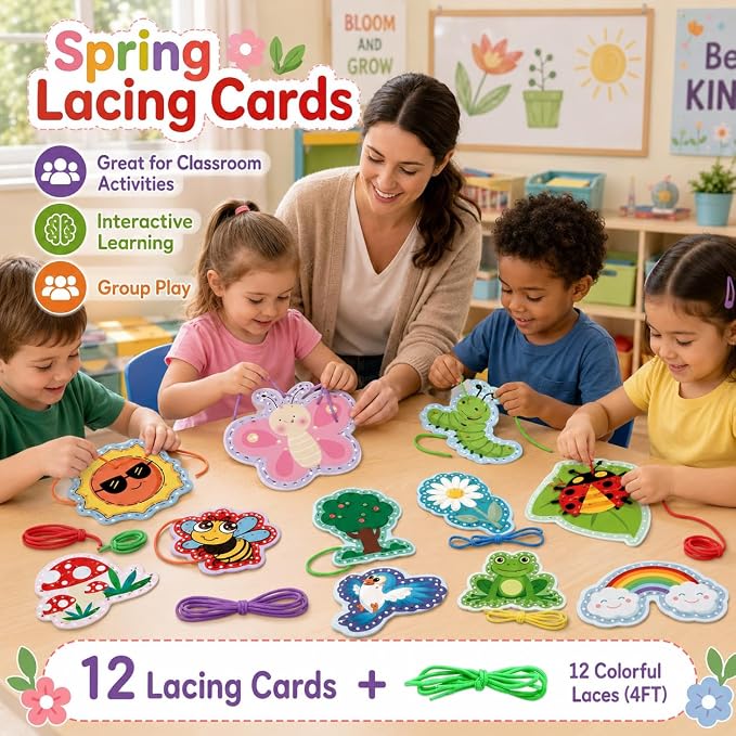 Lacing Cards for Toddlers Fine Motor Skills Montessori Travel Activities | Summer Theme Double-Sided Sewing Cards with Colorful Laces Classroom Supplies Quiet Time Educational Games for Kids ﻿