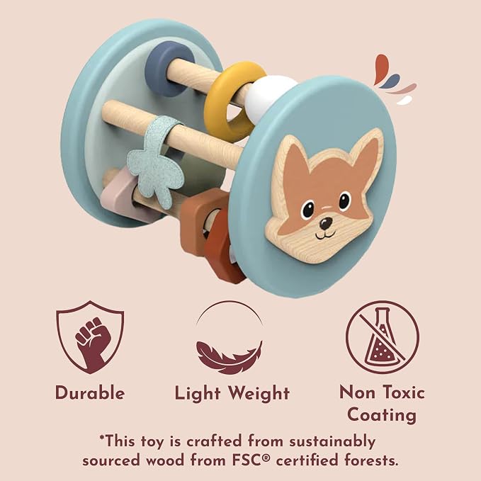 Fox Roller Rattle Baby Toy Wooden Sensory Rolling Toy 6M+ | fox roller sensory design, wooden rattle, baby rattle, infant toys, grasping fine motor, auditory play, newborn boys girls