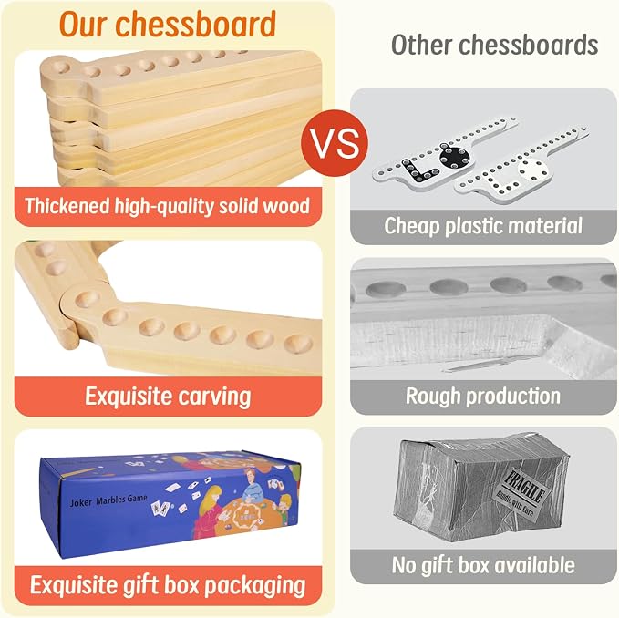 Jokers and Marbles Board Game Wooden Pegs and Jokers Game 2-8 Players | 8 Wood Game Boards 8 Colors 40 Marbles 4 Decks of Cards Instructions Family Tabletop Game Gift for Adults and Families