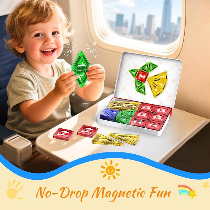 Mini Magnetic Tiles for Kids Ages 3-8, Travel Magnetic Building Blocks with Metal Storage Box, STEM Educational Toys, Montessori Sensory Learning Toys for Toddlers, Gift for Boys & Girls