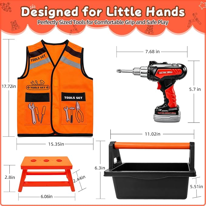 49 PCS Kids Tool Set with Realistic Toy Electric Drill & Storage Box, Construction Worker Dress Up Pretend Play Kit with Washable Vest & Goggles, STEM Educational Builder Gift for Boys Ages 3-7
