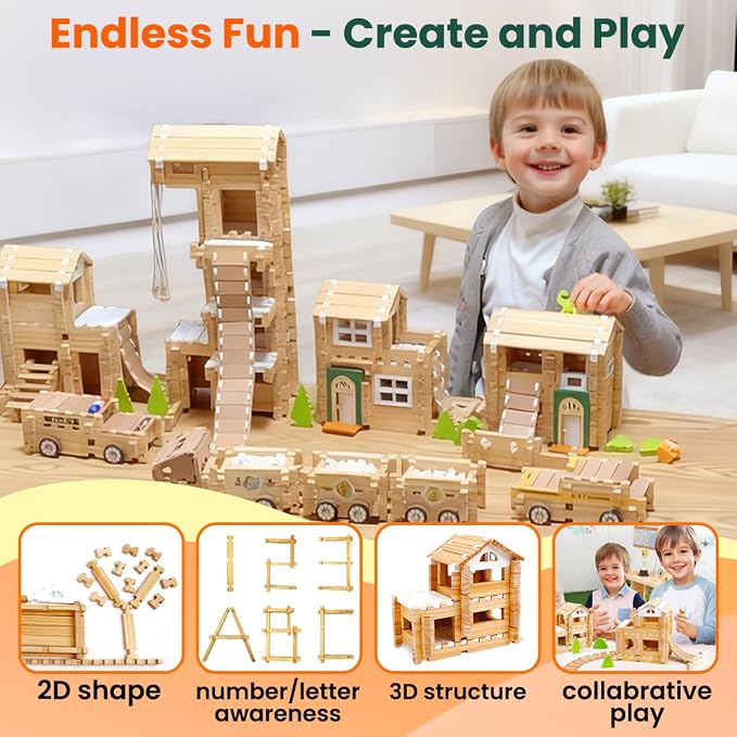 Jovi-mindly＆Notchies New 206 PCS Wooden Blocks Wooden Toys with House and Car, Preschool Learning Toys Wood Blocks Building for Kids Ages 4-8 Creative Construction Game,Birthday Toys Gifts