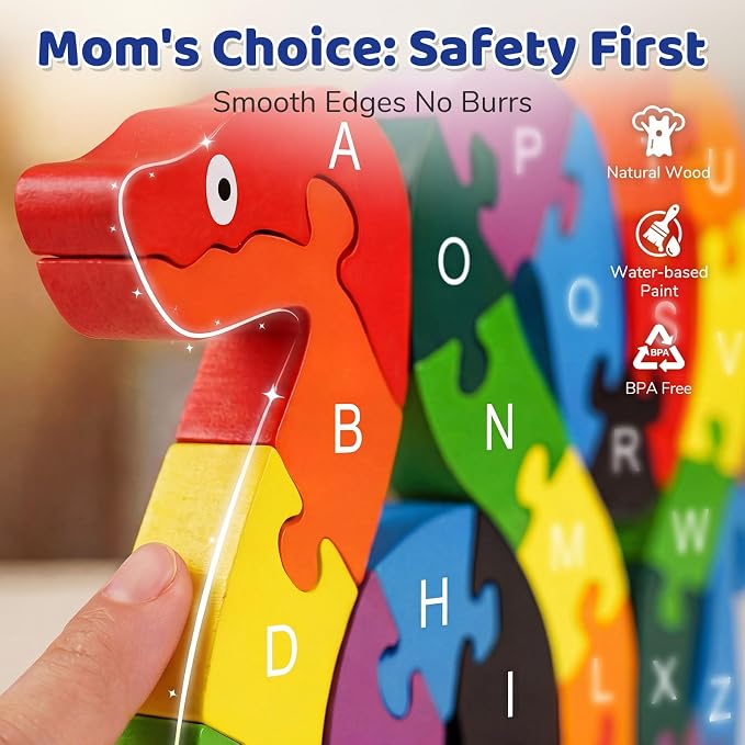 LovesTown Wooden Double Sided Snake Puzzle | Alphabet & Numbers, Educational Toys, Chunky Animal Design, For Toddlers, Great Learning Gift