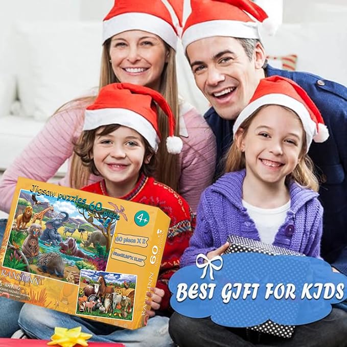 RANSUNN Puzzles for Kids Ages 4-6 - Farm & Wild Animal | 2 Packs 60 Piece Puzzles for Kids Ages 3-5 6-8,Toddler Children Learning Educational Jigsaw Puzzles Toys for Boys and Girls