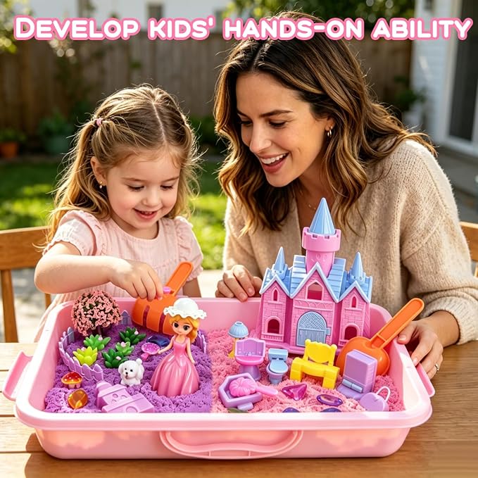 Princess Castle Sensory Bin for Toddlers 3-5 Year Old - 57 PCS Sand Play Set with Lid, Portable Sandbox, Montessori Sensory Toys, Calm Down Gift for Girls Age 3 4 5 6 7 8