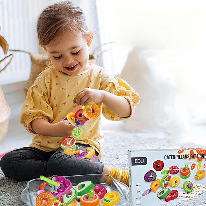 Fruit Veggie Threading Toy, Wooden Greedy Caterpillar Rope Toy, Sensory Play Learning Game, Fruit Veggie String Threading Toys, for Classroom Teaching Travel Car Road Trip