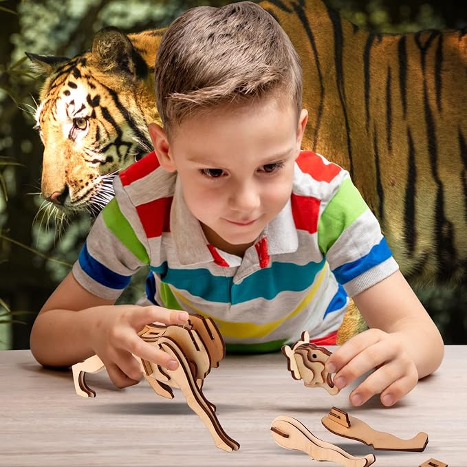 calary 3D Wooden Puzzle Simulation Animal Dinosaur Assembly DIY Model Toy for Kids and Adults,Set of 6