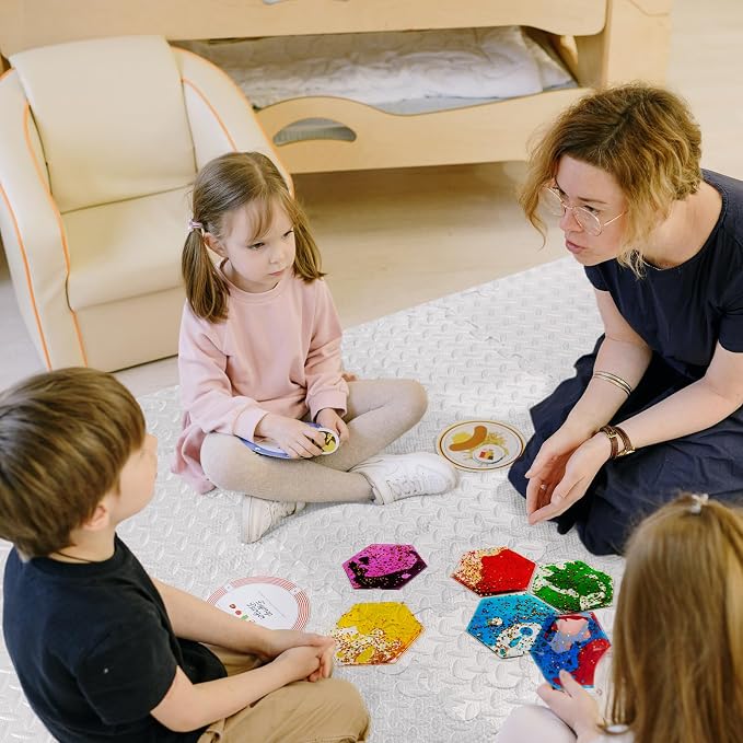 LONGKING 4-Pack Hexagon Liquid Tiles for Kids, Soft Gel Liquid Sensory Toys for Autistic Children, Sensory Mats, Sensory Toys for Toddlers 3-4 | Sensory floor tiles, soft liquid gel, color movement play mat, playroom classroom daycare, 4-pack