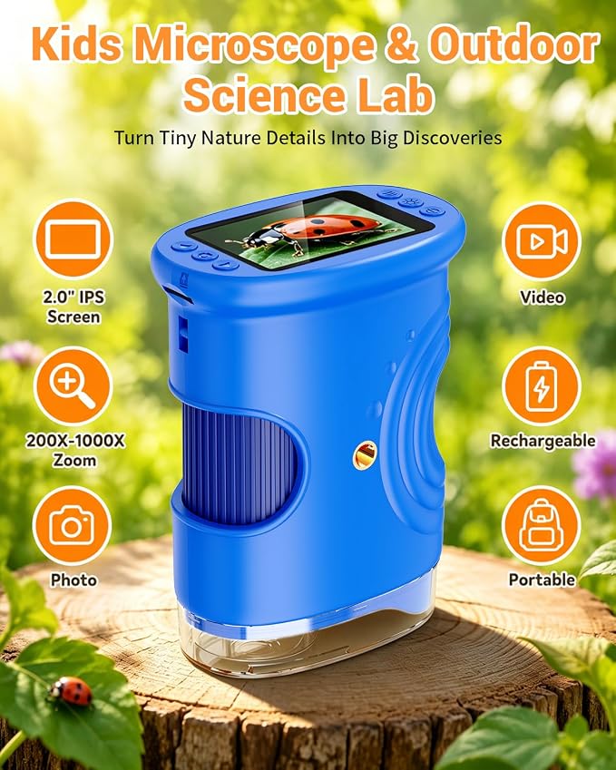 1000X Digital Handheld Microscope for Kids Portable Outdoor Toys & Gifts | 2.0" IPS Screen Magnifier, STEM Science Lab Magnifying Glass, Photo&Video Pocket Edu Toy for Boys & Girls Age 4-12, Blue