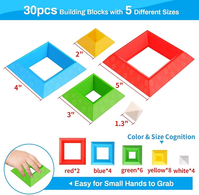 Hieoby Montessori Toys for Toddlers Boys Girls Preschool Learning Activities 30Pcs Building Blocks Stacking Educational Toys STEM Toddler Manipulatives Birthday Gifts Toddler Toys for 3 4 Year Old