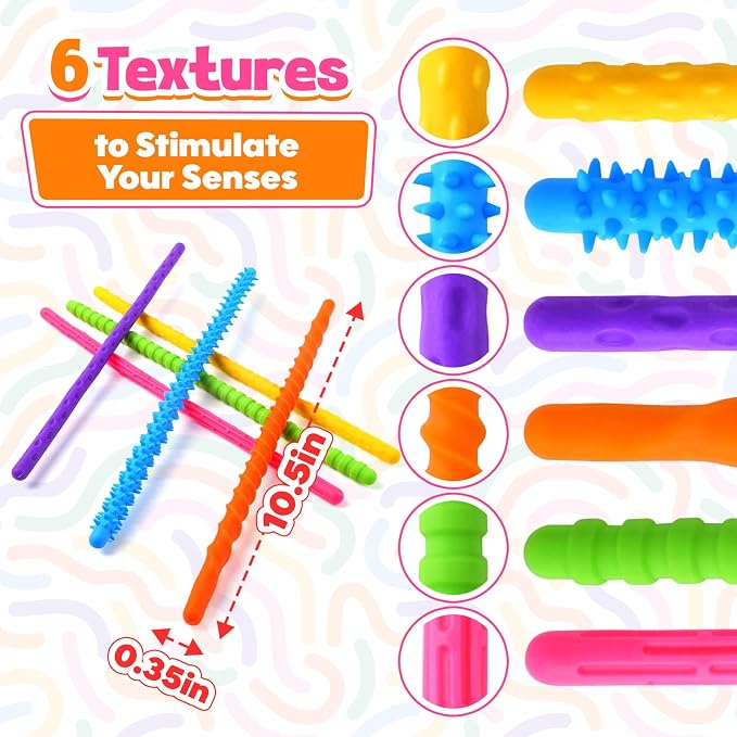 KLT Silicone Fidget Sticks 6 Pack with 6 Unique Textures | 10.5 inches long, bendable design, quiet desk play, creative shaping, portable for home, school, office, travel