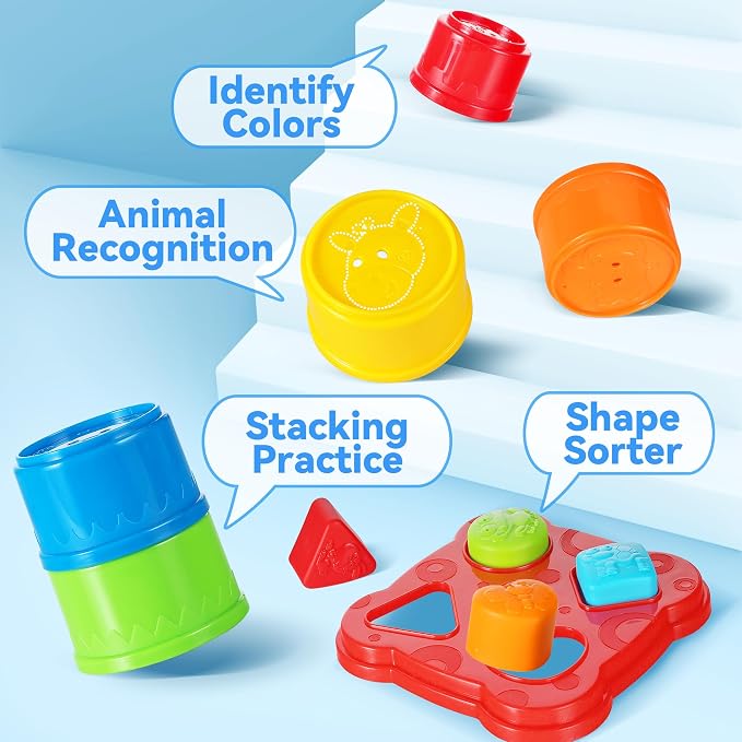 iPlay, iLearn Baby Stacking Cup Toy, Toddler Stackable Block w/Shape Sorter | Infant Stackable Cups Montessori Learing Nesting Sorting Game, Kids Bath Toy Birthday Gift 12 18Month 1 2 3 Year Old Boy Girl