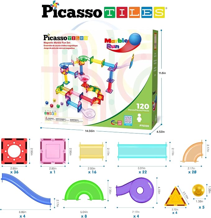 PicassoTiles 120 PCS Magnetic Tile Marble Run STEM Construction Set Ages 3+ | 10 dynamic shapes, translucent track parts, funnels & slopes, steel-weighted balls, BPA-free ABS, coordination & spatial play