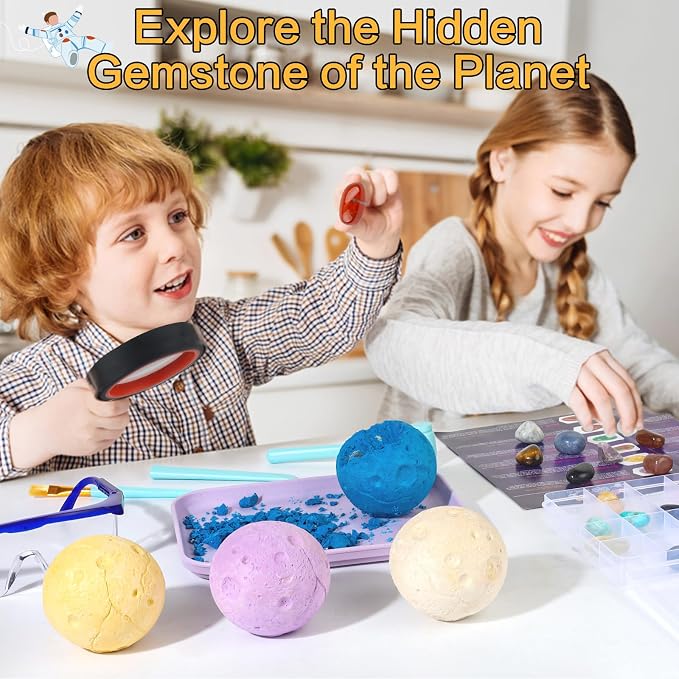 QLKUNLA Gemstones Dig Kit, Excavate 24 Real Gems in Solar System STEM Educational Space Toys for Boys & Girls Archaeology Geology Science Project Gift