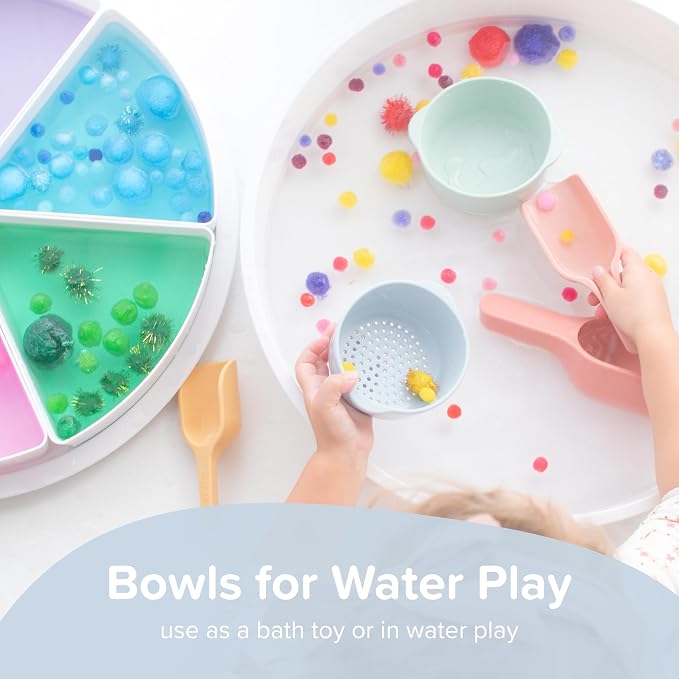 3 x Silicone Coral Nesting Bowls for Kids Plus Water and Sand Sieve | Kids Bowls Sensory Play | Messy Play and Water Play Accessories | Suitable for 10 Months Plus | Tuff Tray Accessories