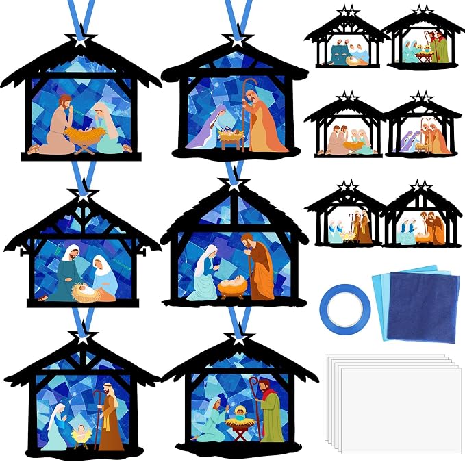 Qyeahkj 36 Set Christmas Nativity Suncatchers Crafts for DIY Nativity Scene Window Tissue Paper Craft Kit Hanging Decor for Xmas Holiday Home Activity Art Project Birthday Party Favor Gift