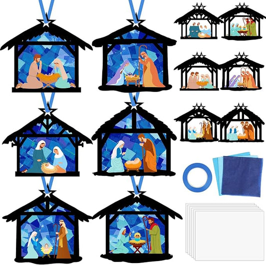 Qyeahkj 36 Set Christmas Nativity Suncatchers Crafts for DIY Nativity Scene Window Tissue Paper Craft Kit Hanging Decor for Xmas Holiday Home Activity Art Project Birthday Party Favor Gift