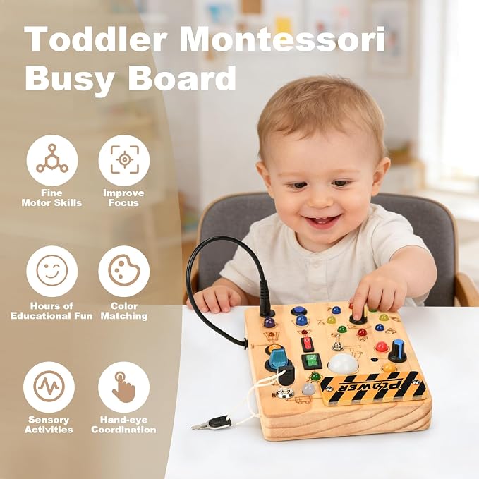 LED Busy Board for Toddlers - Montessori Sensory Toys for 1 2 3 Years Old | 10 Switches & 19 LED Lights, Wooden Activity Board for Fine Motor Skills, Screen-Free Travel Toy, Birthday Gift for Kids