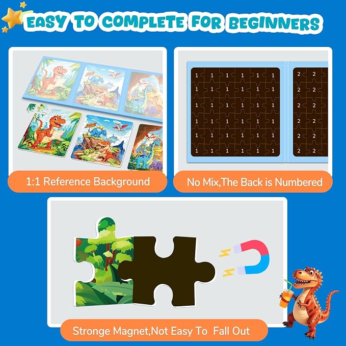 Homicozy Magnetic Puzzles for Toddler Kids 3-8, Dinosaur Travel Toys | 36-Pieces Magnetic Puzzle for Kids Ages 3-5 4-6, Car Airplane Road Trip Activities, Quiet Screen-Free Game, Birthday Gifts