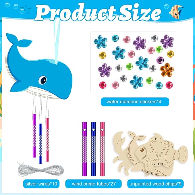 Wooden Ocean Animals Wind Chime Kit Make Your Own Sea Animal Crafts Coloring DIY Wind Chime kit for Summer Activities Birthday Favor School Home Art Party Decorations 9 Pack