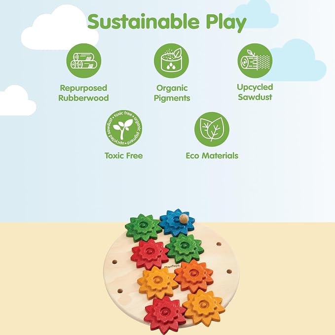 PlanToys® Wooden Spinning Gears Playset Montessori Construction Kids STEM | rotating gears, cause and effect toys, montessori toys, girls, boys, mechanical logical problem solving learning gift set