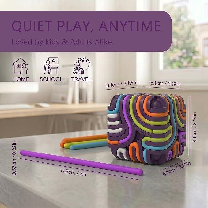 Sensory Activity Board Cube Fidget Toys for Kids & Adults - Zero Noise Silicone Quiet Toddler Travel Toys for Car Rides & Airplane - Autism ADHD Calming Toy Gift Stuffers with 15 Strings