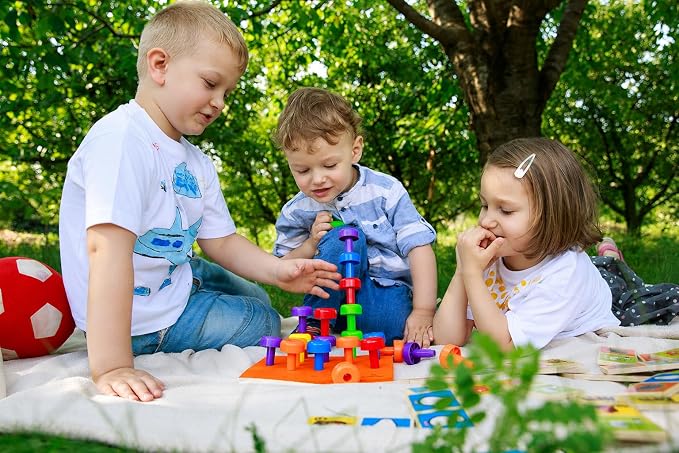 Toddler Peg Board Sensory Montessori Fine Motor Skills Educational Toys - 30 Stackable Pegs + Pattern Card + Drawstring Backpack + E-Book (Orange)