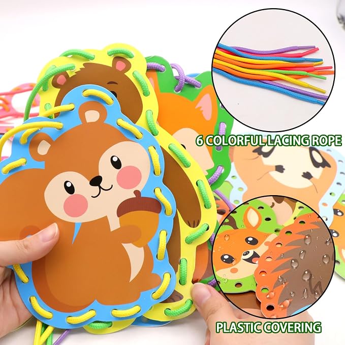 Omlisca Woodland Animals Lacing Cards for Kids 12 Pack Forest Animals Sewing Cards Owl Fox Bear Woodland Theme Party Decor Arts and Crafts Gifts for Toddler Preschool Developing Imagination Supplies