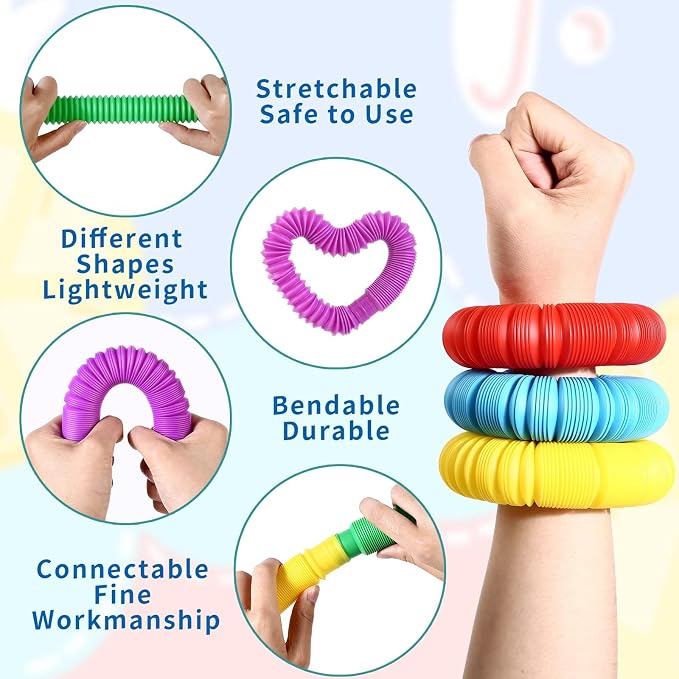 Large 8 Pcs Pop Tubes Sensory Fidget TubesToddler Toys | Party Favors with Autism Classroom Prizes Gifts Goodie Bag Stuffers Anxiety Stress Relief Toys for Kids Adults