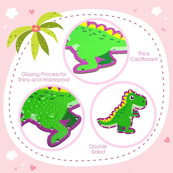 10 Pcs Kids Lacing Cards Double Sided Animal Sewing Cards Kits 10 Styles Lacing Toy Crafts for Toddler Ages 6+ Developing Imagination Preschool Learning Activity Supplies(Dinosaur Style)