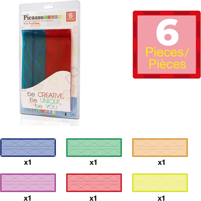 PicassoTiles 6 Piece Ramp Expansion Pack, Magnetic Tile Ramps for STEM Sets | Slope pieces add height, BPA-free non-toxic build, boosts hand-eye coordination skills, quick-connect design, screen-free fun