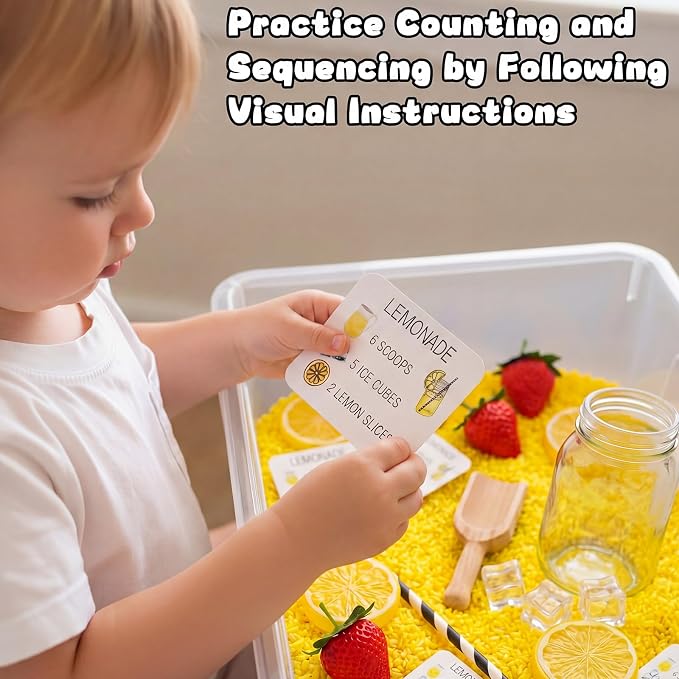 Beeveer 39 Pcs Lemonade Sensory Bin for Kids Summer Sensory Set with Box Yellow Rice Filler Fake Lemon Slices Cubes Cards Strawberry Jar Straw Spoon for Toddlers Gifts Summer Counting Sorting Tools