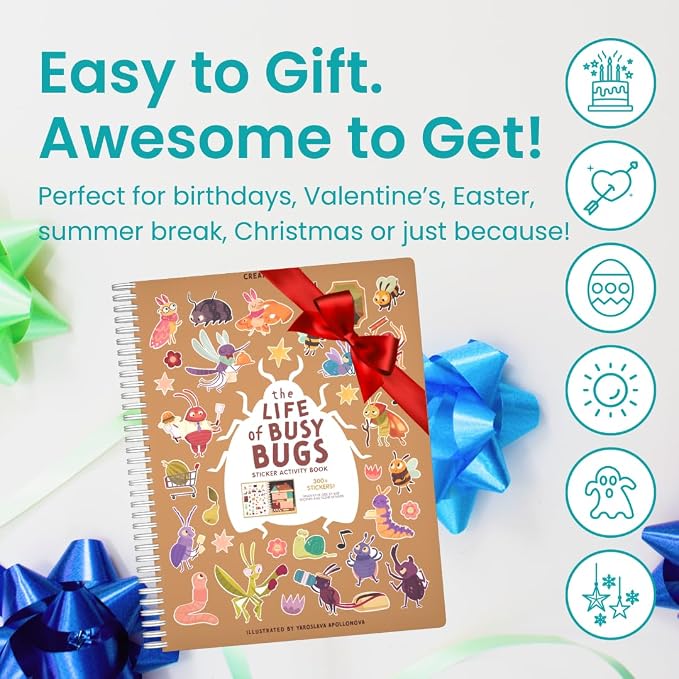 Cupkin The Life of Busy Bugs Coloring & Sticker Book | 300+ Stickers | Spiral-bound kids craft format with 8 scenes, 8 art pages, side-by-side viewing, and an easy-peel design for ages 2–8
