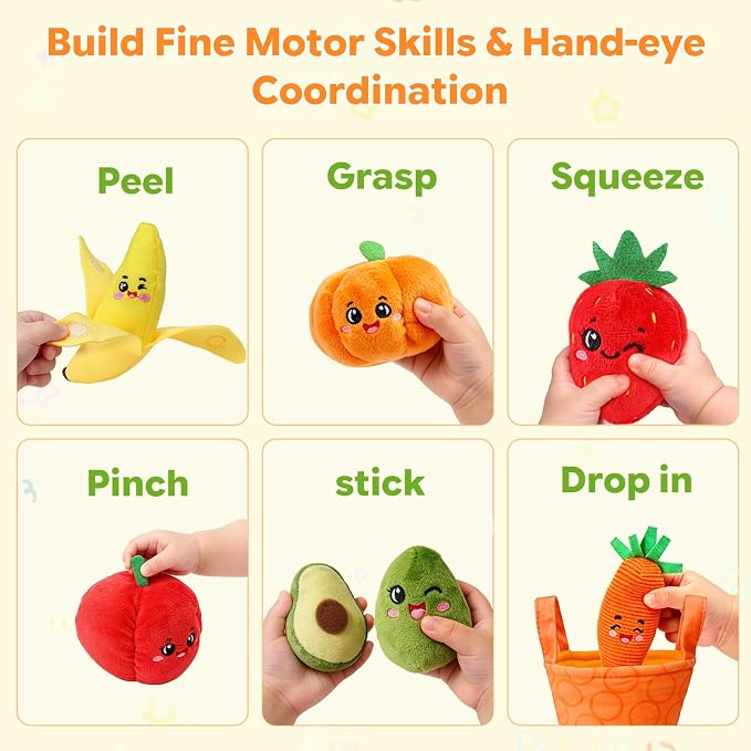 HumorPlay Montessori Baby Toys 6-12-18 Months, 12PCS Soft Fruit & Vegetable Sensory Toy Set & 4 Color Sorting Baskets, Fine Motor Skill Educational Toys for 1 Year Old Boy Girl Birthday Gifts