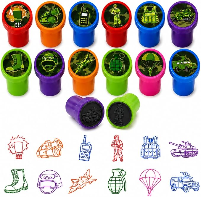 Cinrobiye 24 Pcs Military Stampers for Kids, Pre-Inked Army Soldier Stamp Set, Military Birthday Party Favors, Classroom Rewards, Goodie Bag Fillers, Treasure Box Prizes, Carnival Supplies