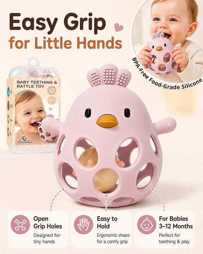 Tinabless Baby Teether Rattle Toys, 2-in-1 Easy Grip Silicone Teething for Babies 3-12 Months, BPA-Free Sensory Chew Toy for Sore Gums, Infant Gift (Pink w/Rattle)