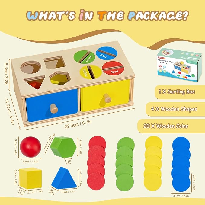 Biottro Wooden Montessori Toys for 3 4 5 Year Old, 2-in-1 Shape Sorter & Coin Drop Box Toy with Drawers Math Counting Color Sorting Game Preschool Educational Sensory Toy Gift for Kids Boys Girls