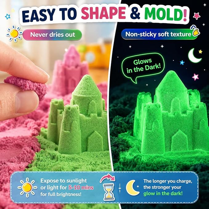 Carolart Glow in the Dark Sensory Sand Refill for Kids 7.5lb | 7.5lb Bulk Sensory Bin Filler, 5 Color Moldable Play Sand, Sensory Kit for Sand Tables, Classroom Activities & Crafts