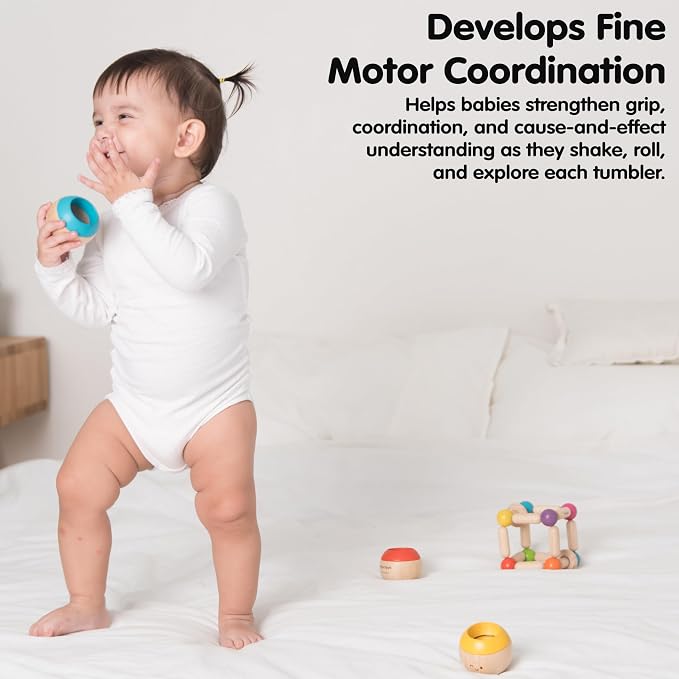 PlanToys® Wooden Tumbling Montessori Toy for Babies 6 Months+ Developmental | wooden tumbling toy, montessori developmental baby toy, fine motor skill sensory play, safe learning activity, babies 6 month