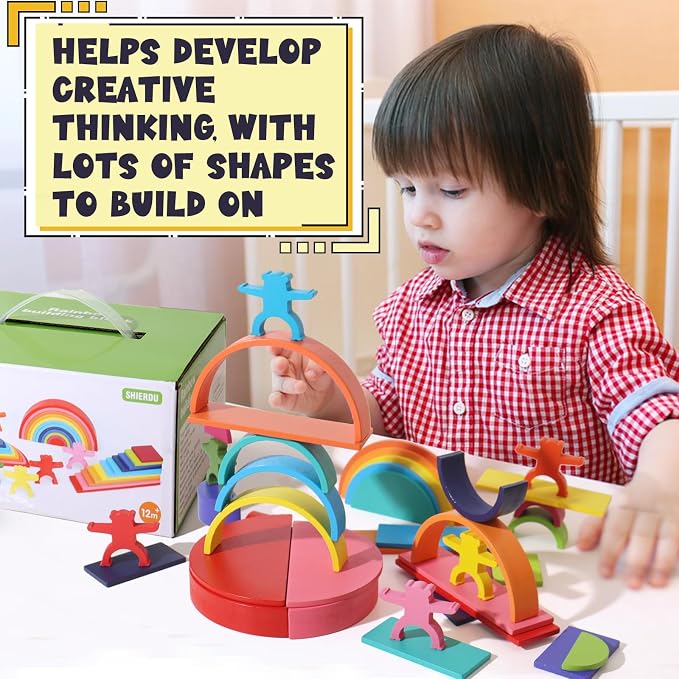 Dinhon 40-Piece Wooden Rainbow Stack Set, 4-in-1 Building Blocks preschoolers Early Development & Activity Toys Montessori Toys for Kids 1 2 3 4 Years and Older Gifts for Boys and Girls