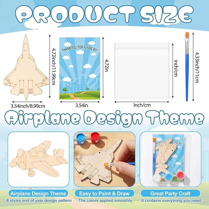 Saypacck 24 Pcs Airplane Party Favors Wooden Paint Craft Kits | DIY Painting Activity for Kids Parties, Includes Paints and Brush per Set, Goodie Bag Stuffers, Aviation Theme Projects