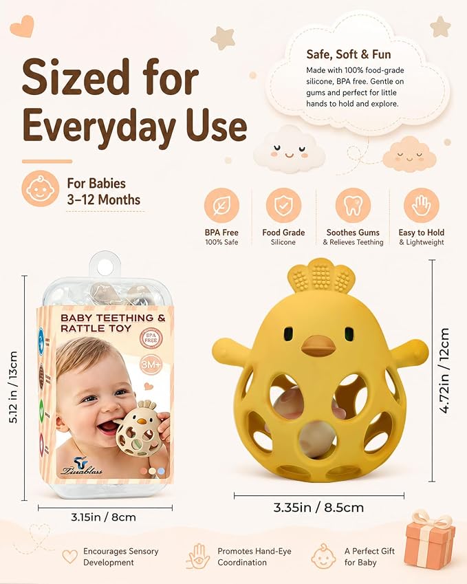 Tinabless 2-in-1 Baby Teether Rattle Toy, Easy Grip Silicone Teething Toy for Babies 3-12 Months, BPA-Free Sensory Chew Toy for Sore Gums, Infant Shower Gift (Yellow w/Rattle)