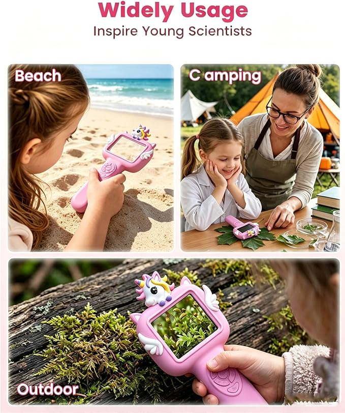 Outdoor Portable Kids Microscope: Handheld Microscope Auto Focus | Pocket 1000x Hand Held Microscope, Magnifying Camera for Travel, 3.5H Rechargeable Battery 6 LEDs, Anytime Exploration