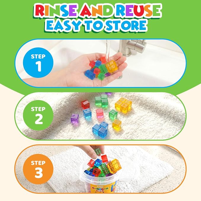 LESONG Mini Sticky Stacking Cubes for Kids: 150 PCS Washable Sensory Building Toy, Soft Squishy 0.39 inch Cubes with Storage Box, Balanced Stickiness for 2D & 3D Building, Translucent Travel Toy