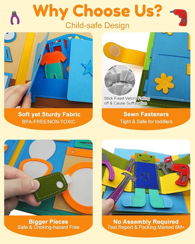 Busy Book for Toddlers 1-3, Montessori Busy Board for 1 Year Old | Felt Activity Books for 1+ year old, Airplane Car Travel Toy, Quiet Books, Kids Ages 2-4 Preschool Educational Learning Gifts