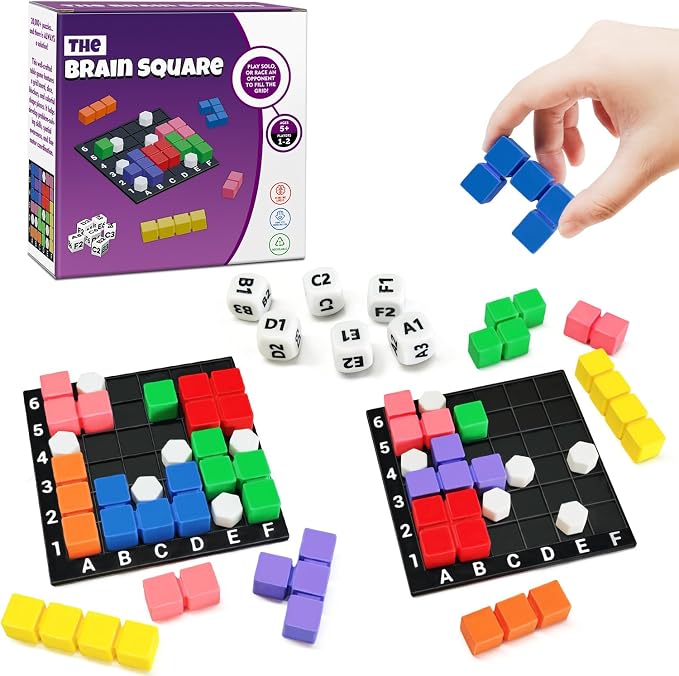 STEM Puzzle Game The Brain Square with 160000+ Solutions Pattern Matching Blocks Brain Teaser Toy Roll Dice & Race Your Opponent to Fill Grid Travel Game for Kids & Teens Back to School Birthday Gift