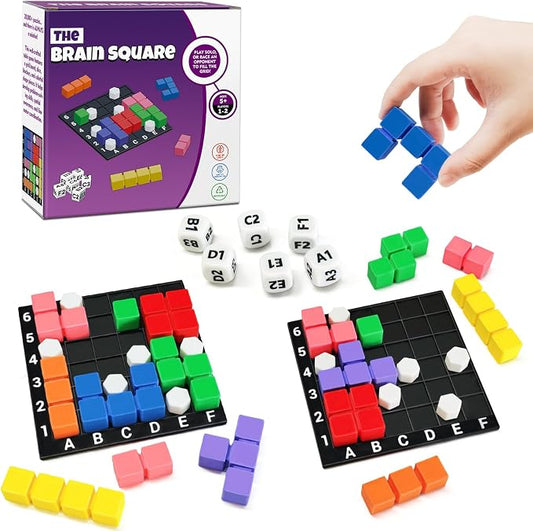 STEM Puzzle Game The Brain Square with 160000+ Solutions Pattern Matching Blocks Brain Teaser Toy Roll Dice & Race Your Opponent to Fill Grid Travel Game for Kids & Teens Back to School Birthday Gift