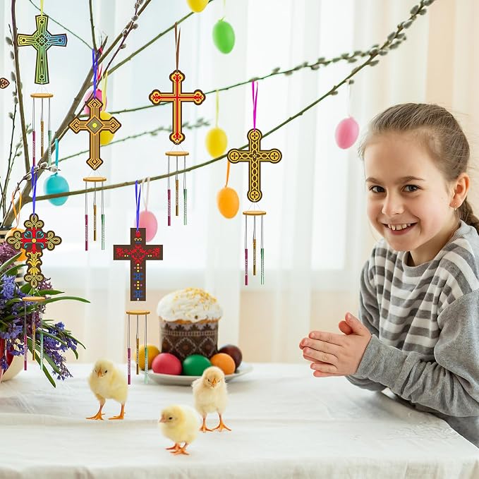 Fennoral 9 Pack Cross Wind Chime Kit for Kids Make You Own Sunday School Craft for Kids Wooden DIY to Paint for Art Activities Christian Mom's Gifts Birthday Sunday School Decoration